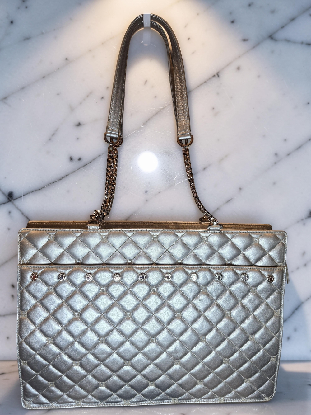 St. John Collection Silver Quilted Leather Shoulder Bag